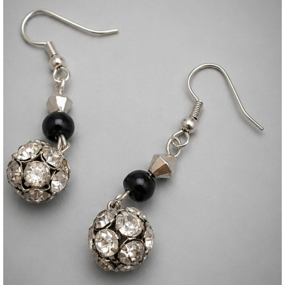 Vintage Black & White Rhinestone Dangle Pierced Earrings 2" Long‎ Lucite kp-24 - Picture 2 of 6